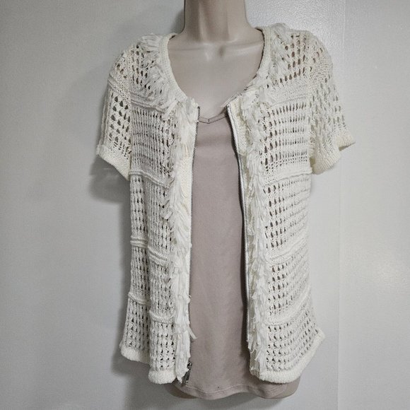 Chico's Size 0 (S) Ecru Ivory‎ Open Weave Fringed Zip-Front Short Sleeve Sweater - Picture 1 of 8